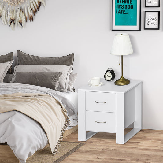 The white bedside cabinet with two drawers and silver handles, shown in a bedroom setting