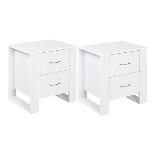 HOMCOM Bedside Table with 2 Drawers, a pair of white nightstands with silver handles and open bases