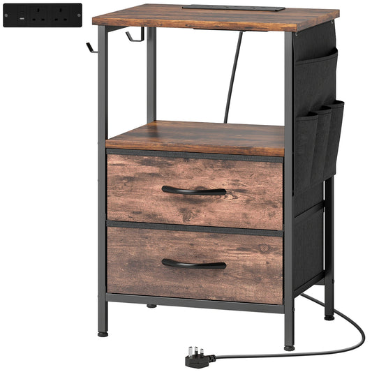 HOMCOM Bedside Table with Charging Station with two drawers and side pockets