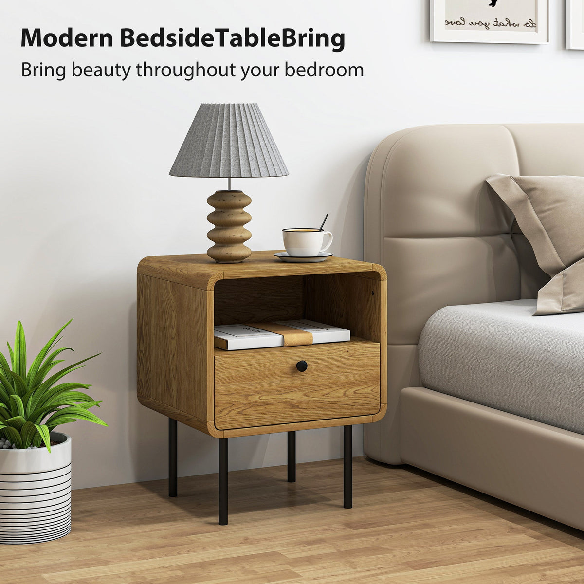 Oak bedside cabinet with drawer and open shelf, with a lamp and cup on top