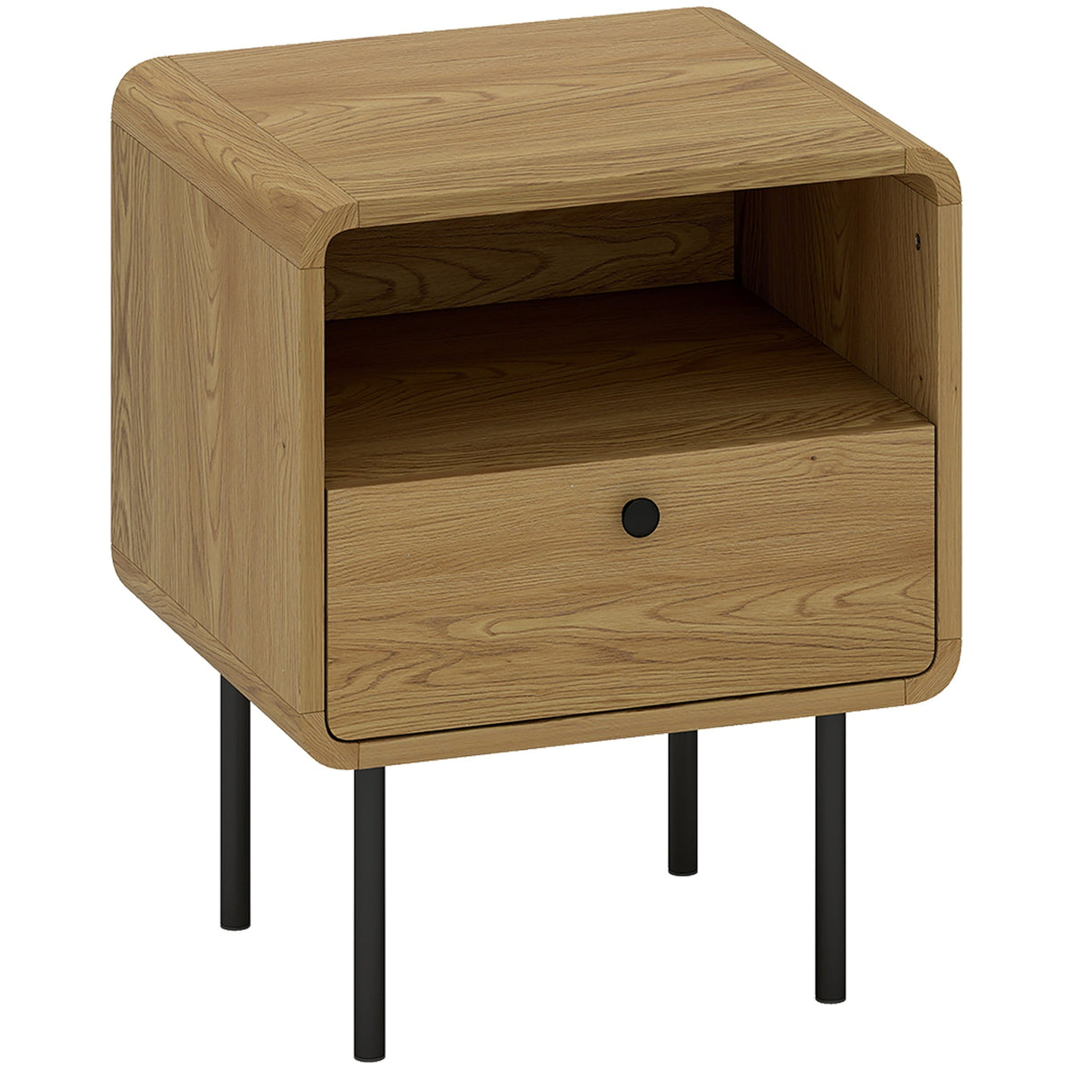HOMCOM Bedside Table with Drawer and Open Shelf in oak finish, front view