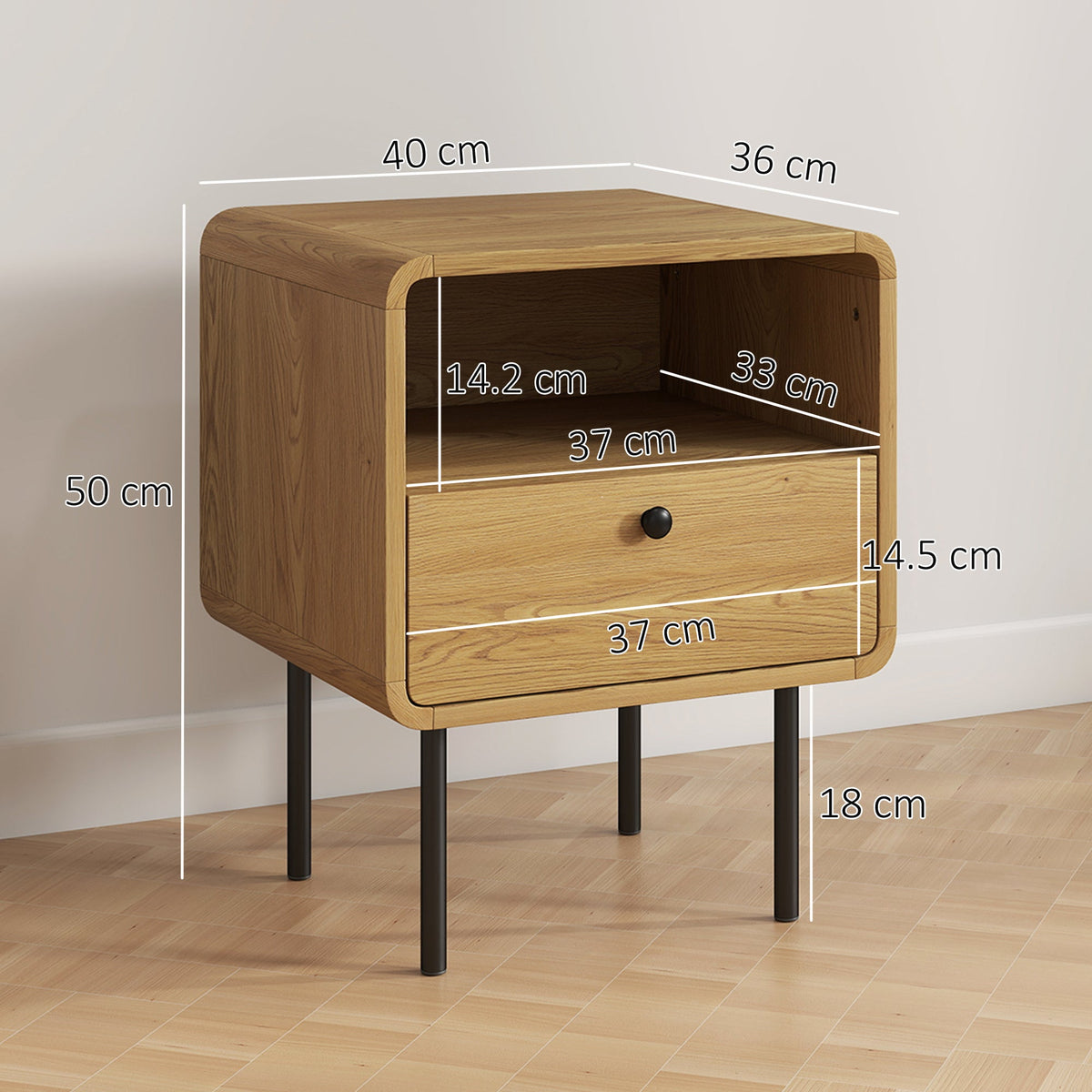 Dimensions of the oak bedside cabinet with drawer and shelf