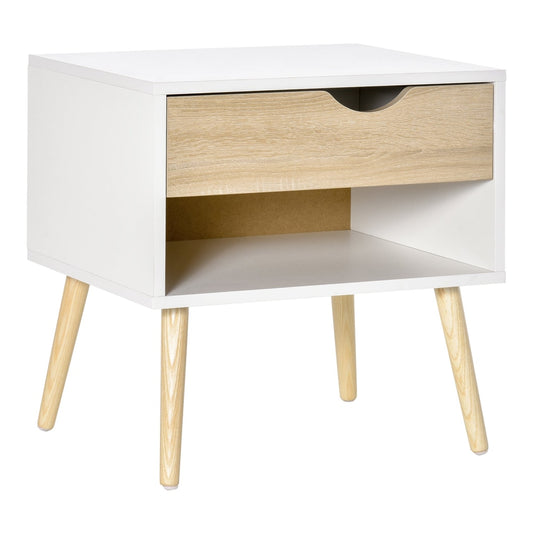 HOMCOM Bedside Table with Drawer and Shelf, a white cabinet with a wooden drawer and shelf