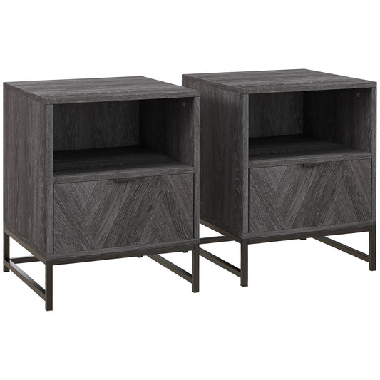HOMCOM Bedside Table with Drawer and Shelf shown as a pair in dark grey wood effect