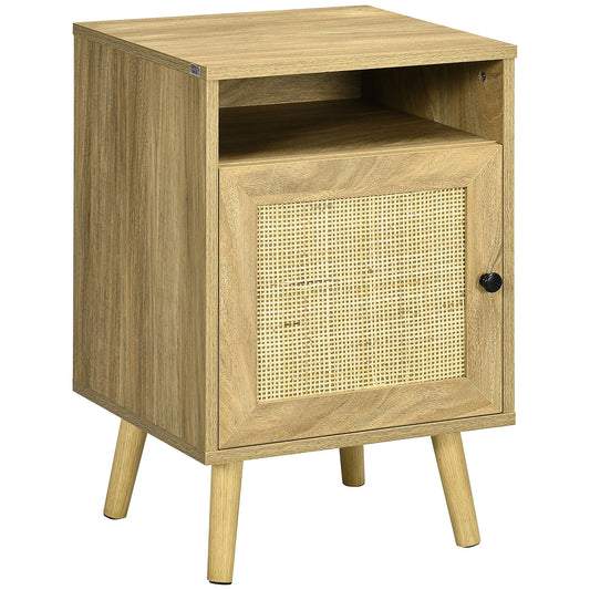 HOMCOM Bedside Table with Rattan Element, a wooden cabinet with a cane door and shelf