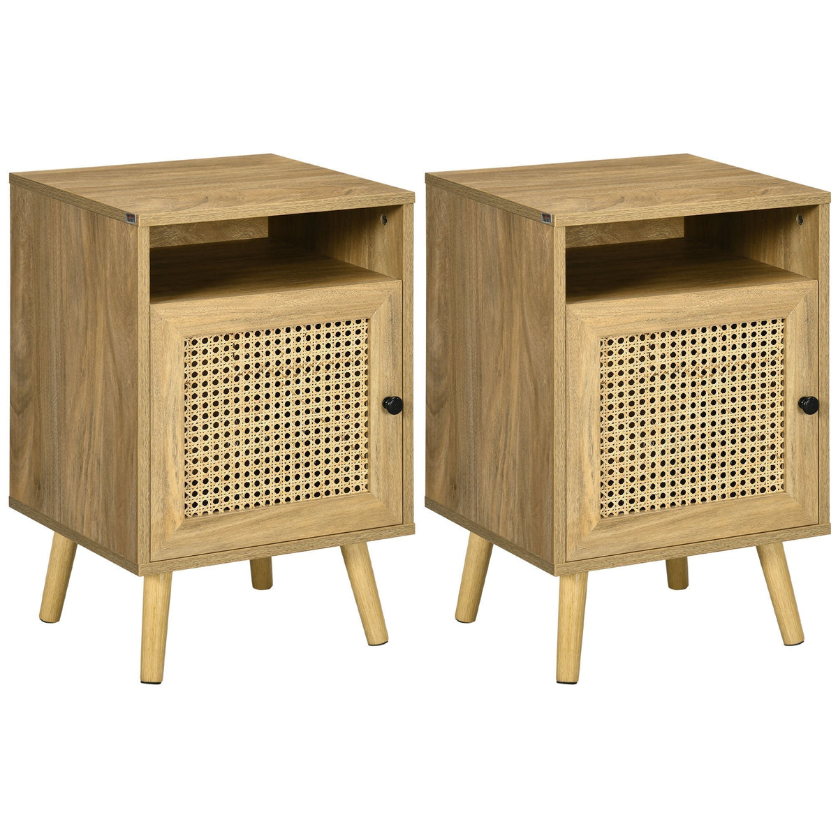 HOMCOM Bedside Table with Rattan Element, a pair of wooden tables with cane fronted doors and open shelves