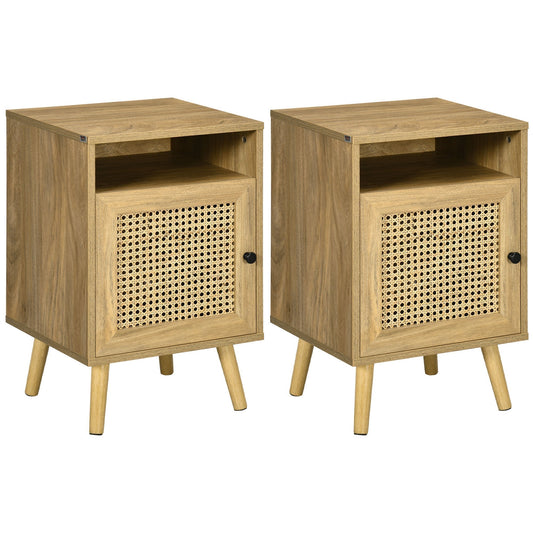 HOMCOM Bedside Table with Rattan Element, a pair of wooden tables with cane fronted doors and open shelves
