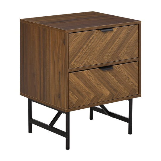 HOMCOM Bedside Table with Two Drawers in walnut brown wood effect with black metal legs
