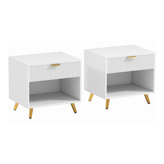 HOMCOM Bedside Tables Set of 2, white cabinets with gold legs and a fluted drawer front