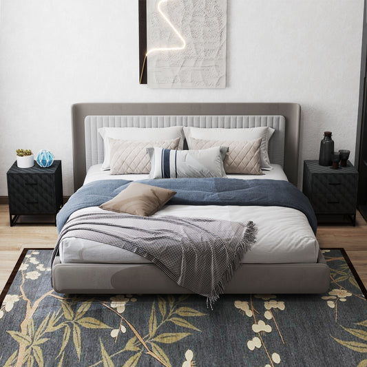 Two black storage cabinets placed on either side of a bed in a modern bedroom setting