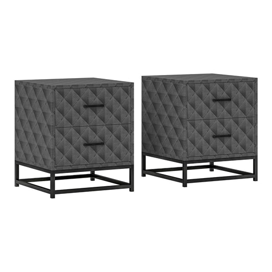 HOMCOM Bedside Tables Set of 2, modern grey bedside tables with geometric pattern and black steel legs