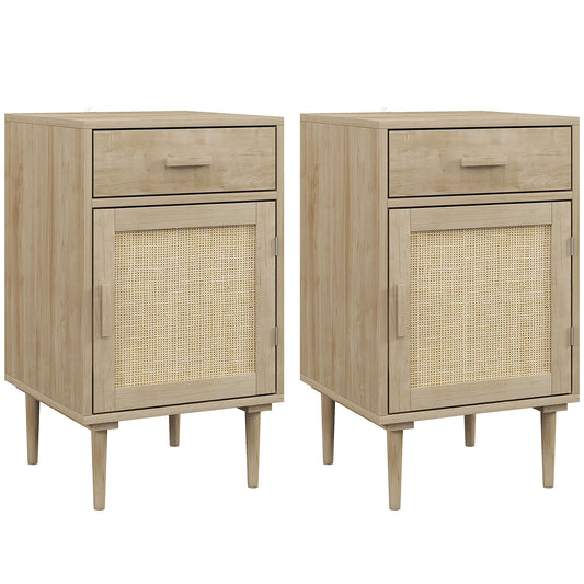 HOMCOM Bedside Tables Set of 2 with rattan door panels and wooden legs on a plain white background