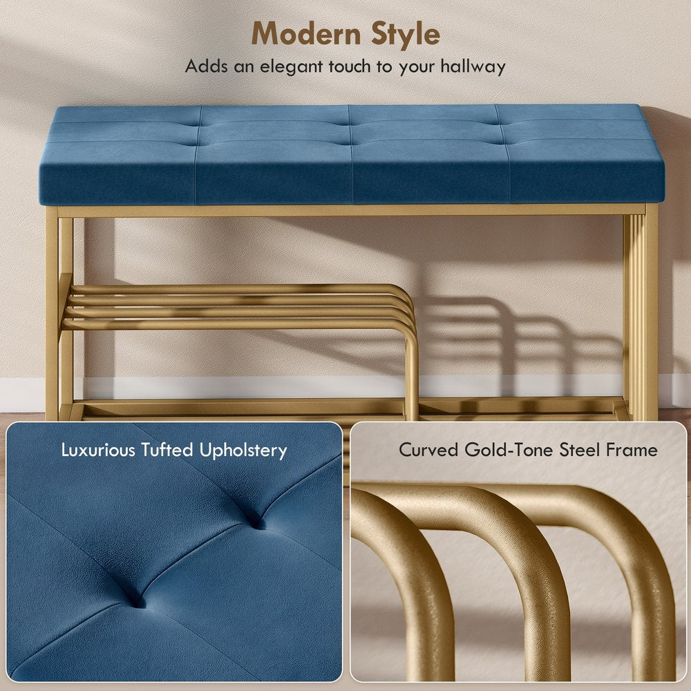 The shoe storage bench with close-up insets of the tufted seat and gold frame
