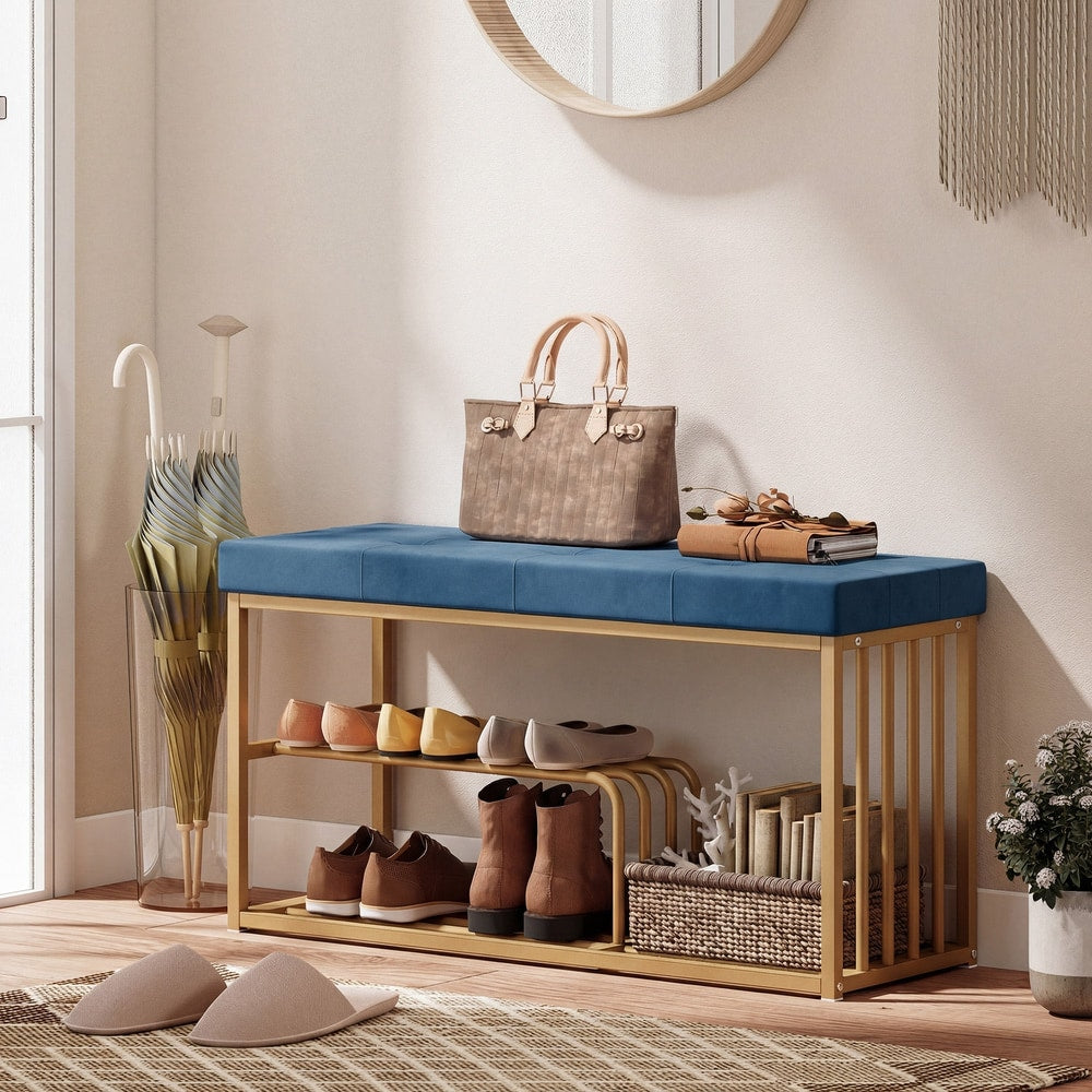The shoe storage bench placed in a hallway with shoes and a handbag on the seat