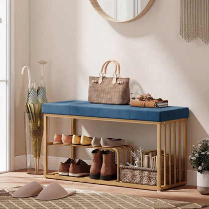 The shoe storage bench placed in a hallway with shoes and a handbag on the seat