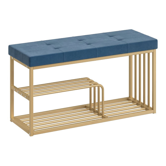 HOMCOM Bench and Shoe Storage with a blue tufted seat and gold metal frame on a white background