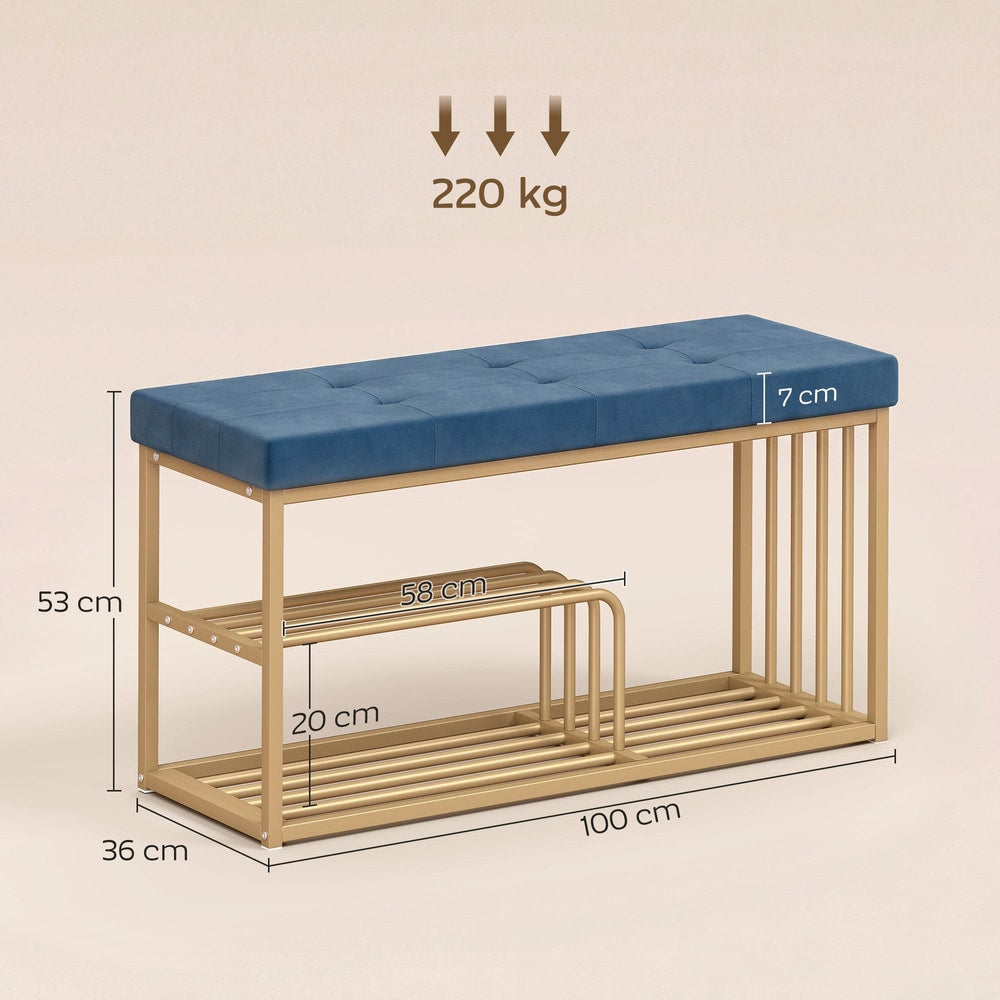 The shoe storage bench showing dimensions and weight capacity with arrows