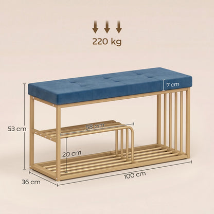 The shoe storage bench showing dimensions and weight capacity with arrows