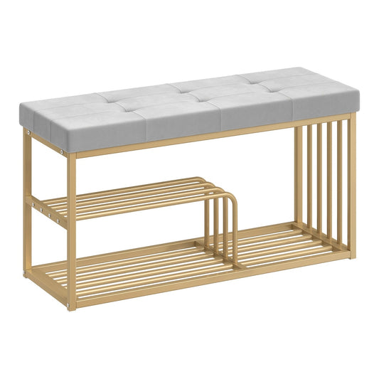 HOMCOM Bench and Shoe Storage with a grey tufted seat and a gold metal frame on a white background