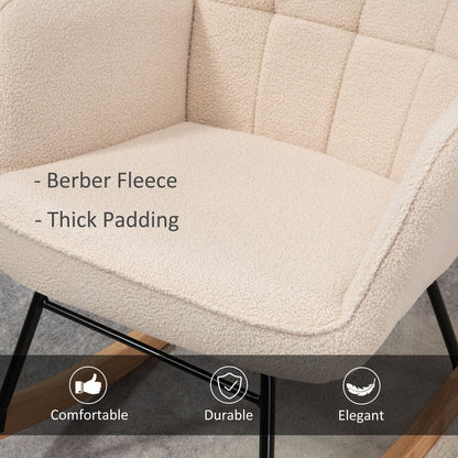 Close up of the beige Berber fleece nursery glider rocker for nursing showing its textured fabric