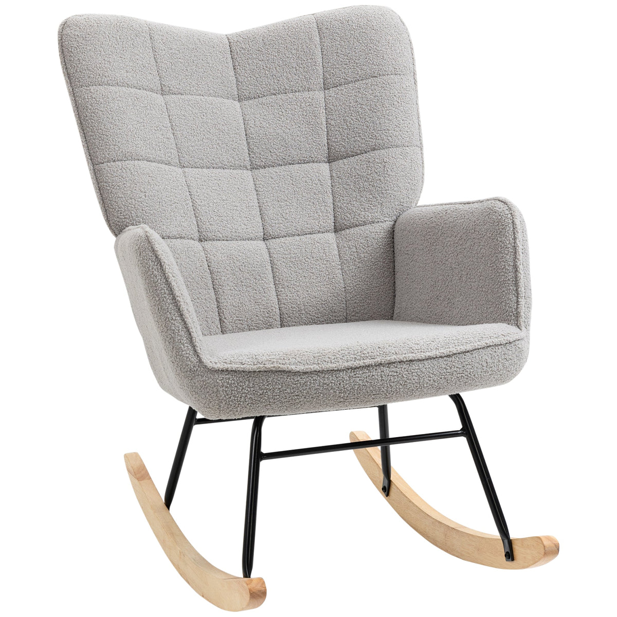 HOMCOM Berber Fleece Nursery Glider Rocker in light grey with a tufted backrest and wooden rockers