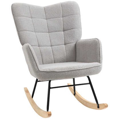 HOMCOM Berber Fleece Nursery Glider Rocker in light grey with a tufted backrest and wooden rockers