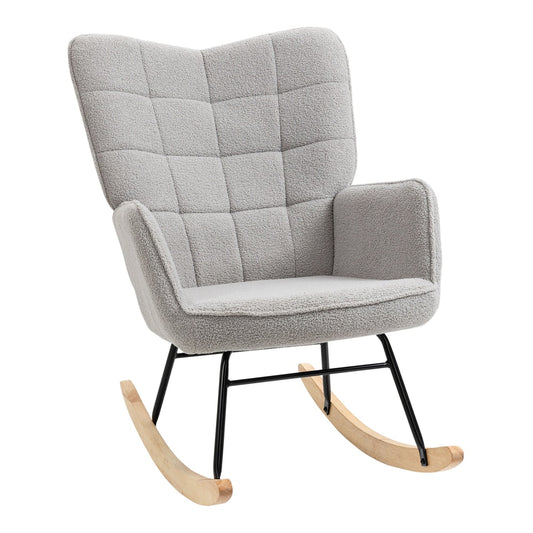 HOMCOM Berber Fleece Nursery Glider Rocker in light grey with a tufted backrest and wooden rockers