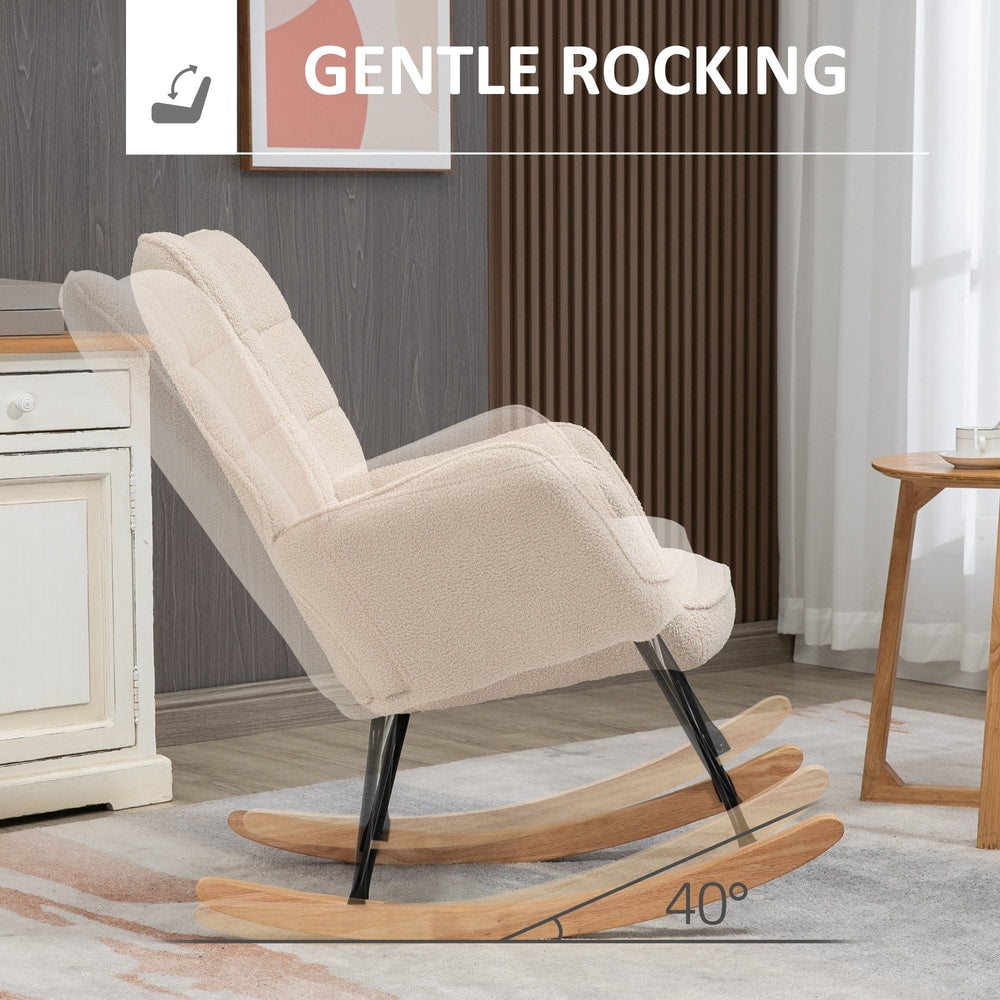 The beige Berber fleece nursery glider rocker for nursing demonstrating its gentle rocking motion
