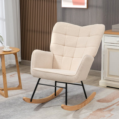 The beige Berber fleece nursery glider rocker for nursing shown in a room setting with a side table and rug