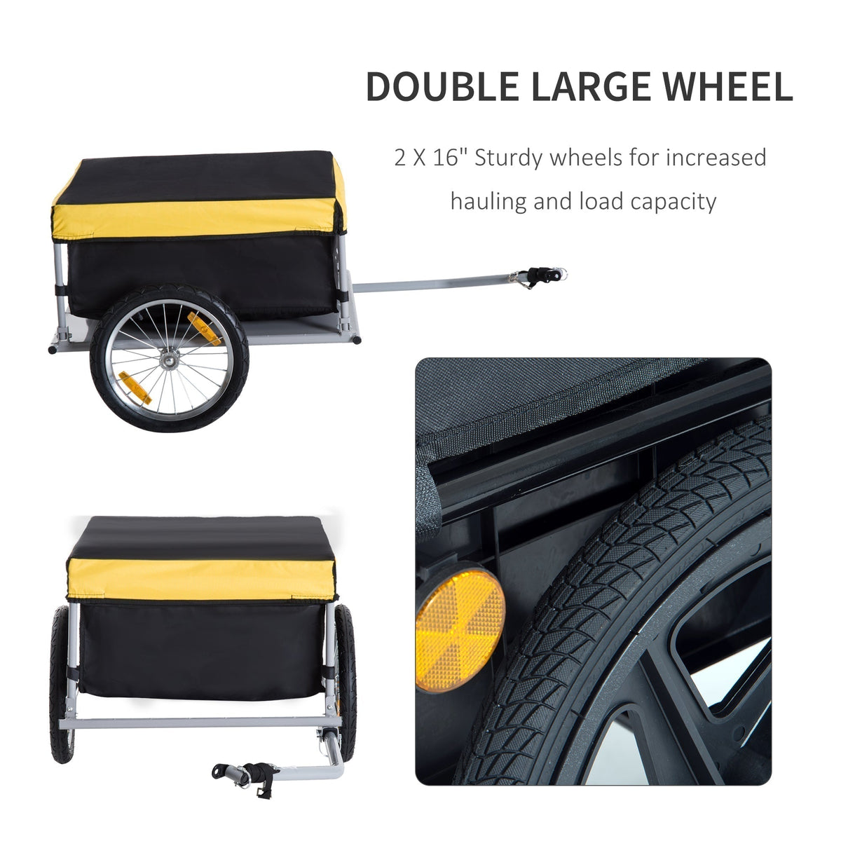 Close up of the wheels and fabric of the bicycle cargo trailer