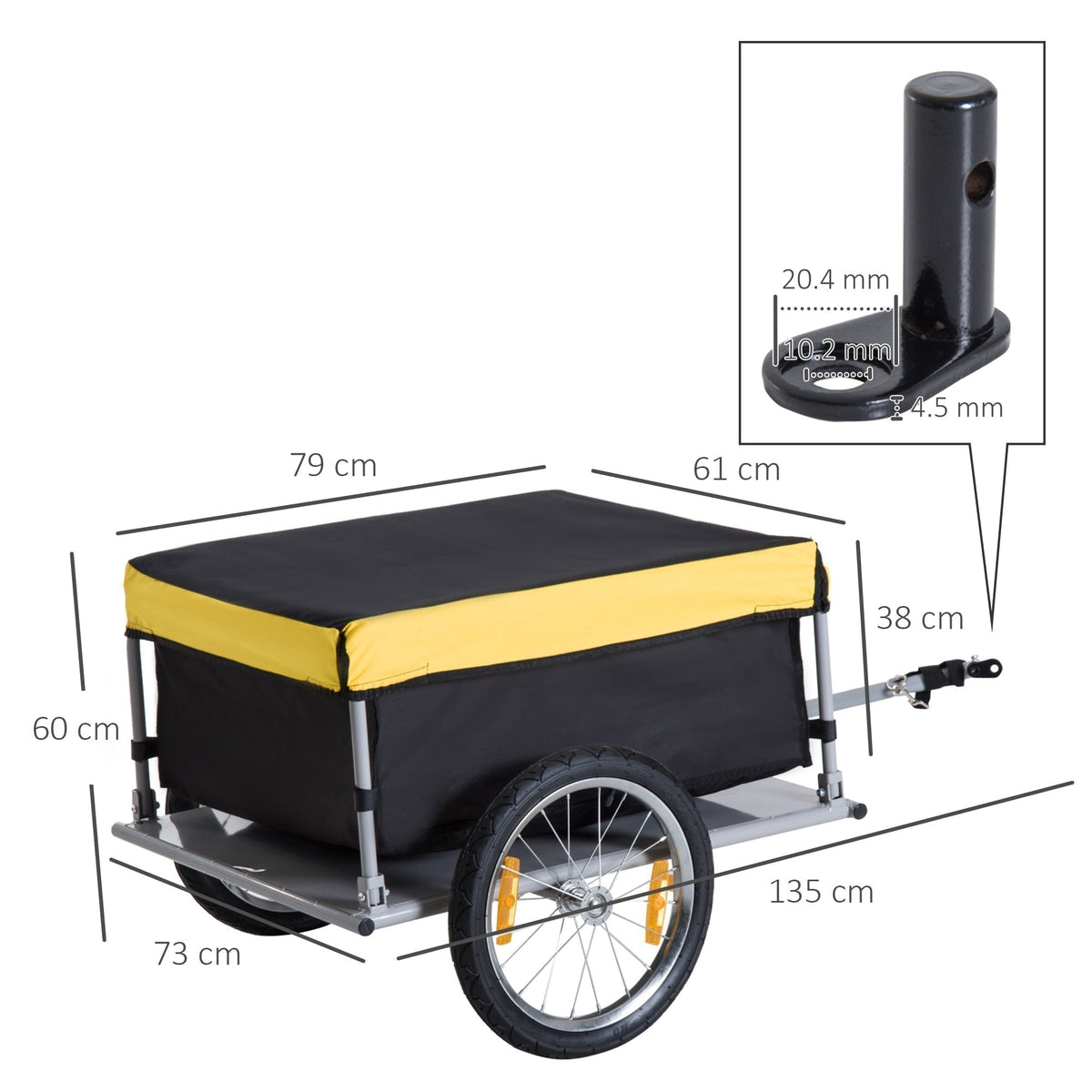 Dimensions of the yellow and black bicycle cargo trailer
