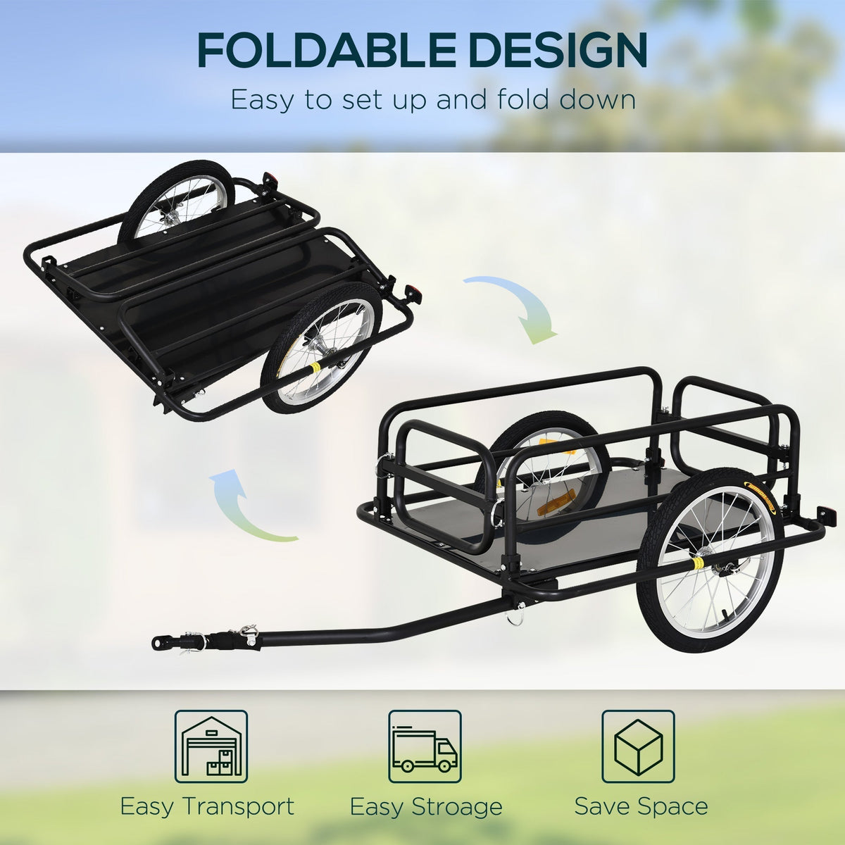 The foldable design of the bicycle cargo trailer, showing easy transport, storage and space saving