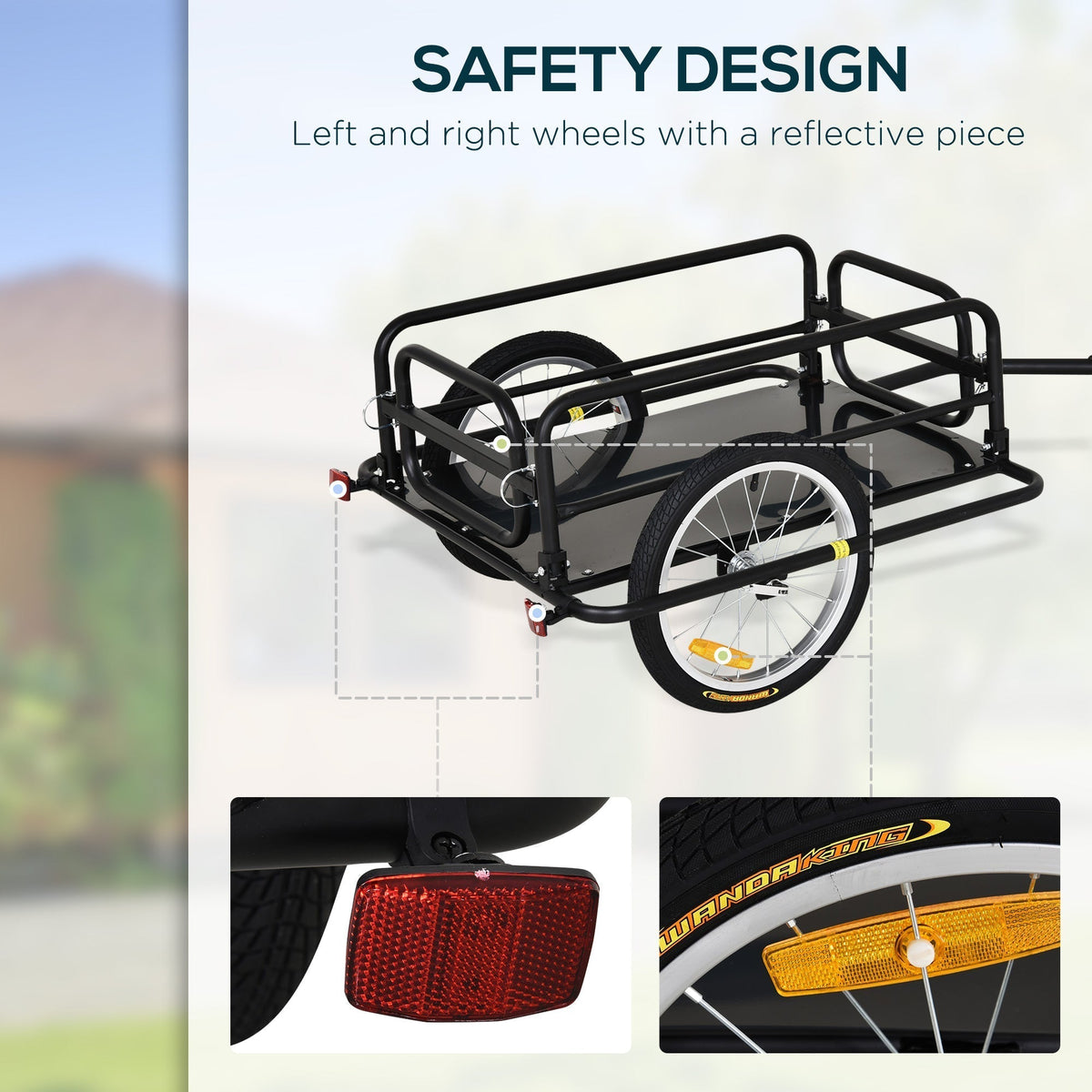 Close up of the reflective pieces on the wheels of the bicycle cargo trailer