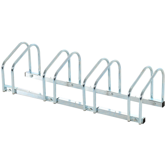 HOMCOM Bike Stand showing the silver metal frame with four slots for parking bicycles