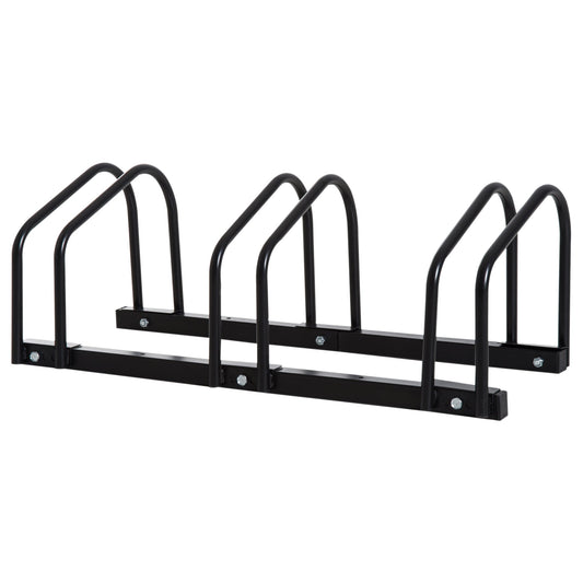 HOMCOM Bike Stand, a black metal rack with three spaces for bicycles