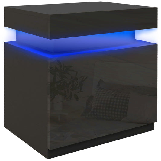 HOMCOM Black Bedside Table with LED Light, a modern nightstand with a high gloss front and blue LED lighting