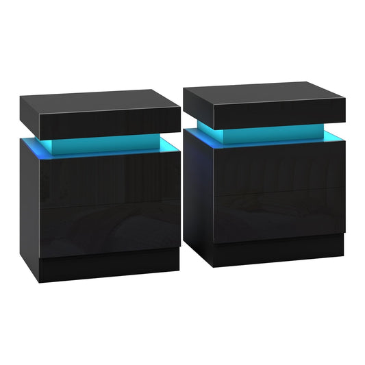 HOMCOM Black Bedside Table with LED Light, a set of two high gloss nightstands with blue LED lighting