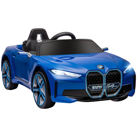 HOMCOM BMW i4 Licensed 12V Kids Electric Ride-On Car, a blue sports car with black interior and silver wheels