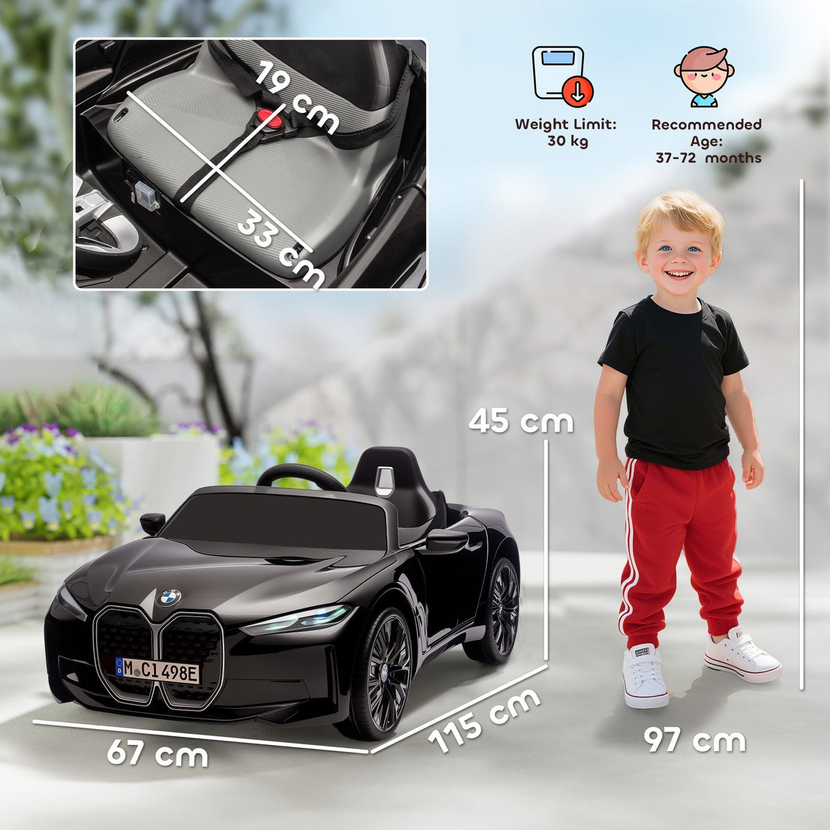 Dimensions of the black kids electric ride-on car shown with a child standing next to it