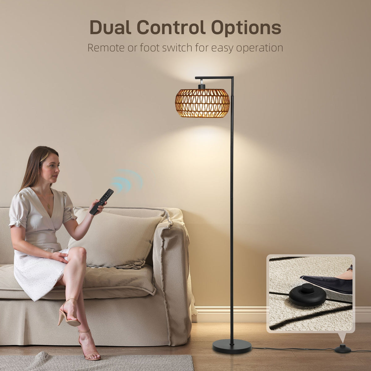 Woman using a remote control for the black boho floor lamp
