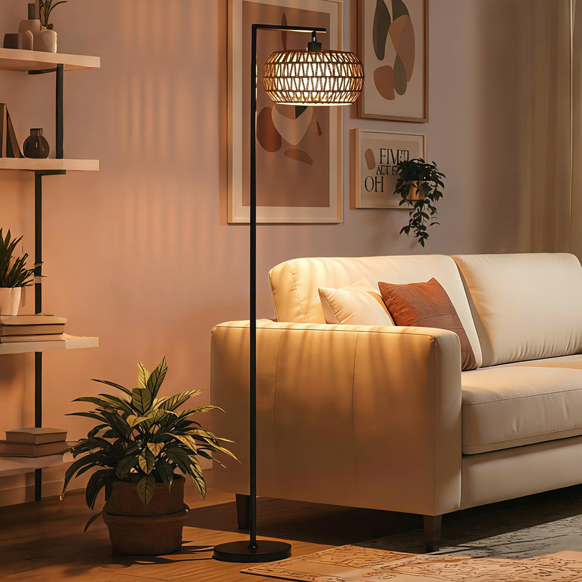 The black boho floor lamp in a living room next to a sofa and plants