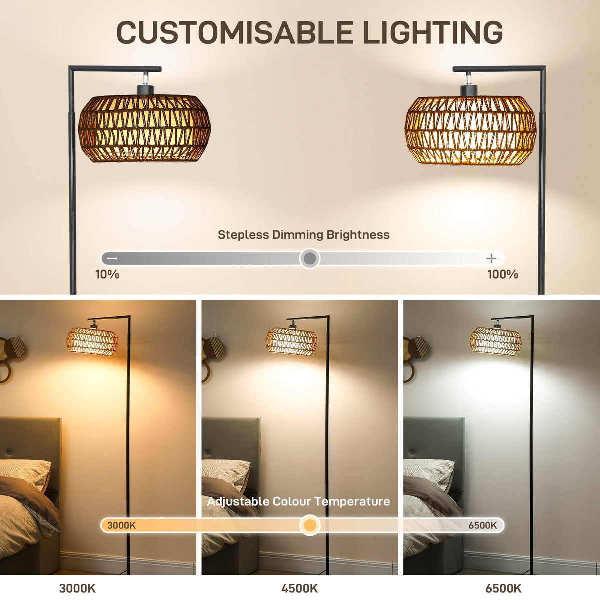 This floor lamp shows customisable lighting with stepless dimming and adjustable colour temperature
