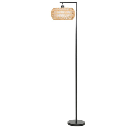 HOMCOM Boho Dimmable Floor Lamp with a black stem and a woven lampshade