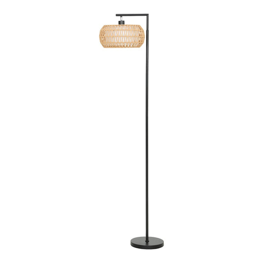 HOMCOM Boho Dimmable Floor Lamp with a black stem and a woven lampshade