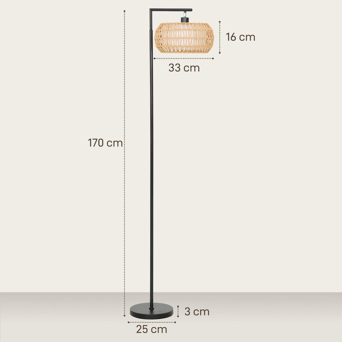 Size diagram of the black boho floor lamp showing dimensions