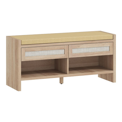 HOMCOM Boho Shoe Bench with 2 Rattan Drawers, a wooden effect shoe storage bench with a cushioned seat and two drawers