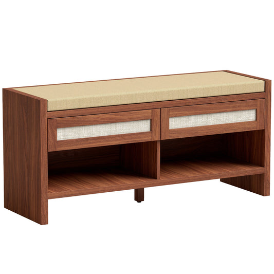 HOMCOM Boho Shoe Bench with 2 Rattan Drawers, a wooden shoe storage bench with a cushioned seat and two open shelves