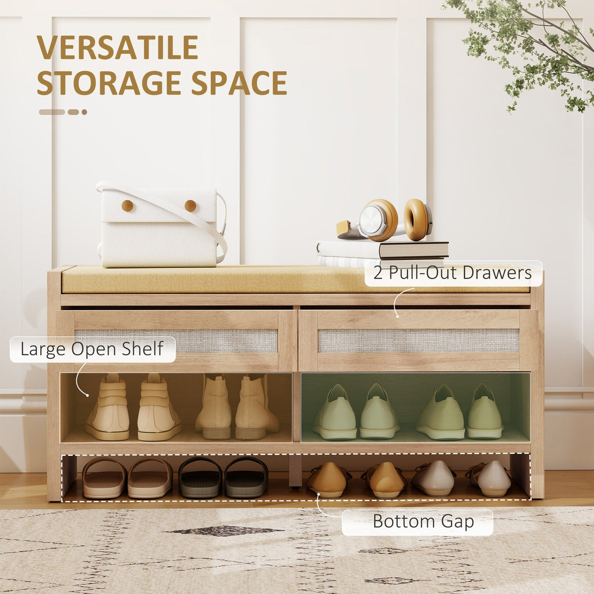 A shoe storage bench with two pull-out drawers and a bottom gap, showcasing its versatile storage space