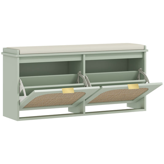 HOMCOM Boho Shoe Bench with a padded seat and two flip-drawers in light green