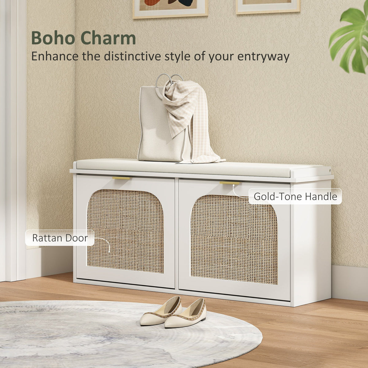 The shoe storage bench has a rattan door and a gold-tone handle, with a padded seat